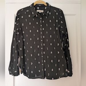 LOFT Women's Large Button-up Long Sleeve Cotton Shirt Black White Pattern EUC